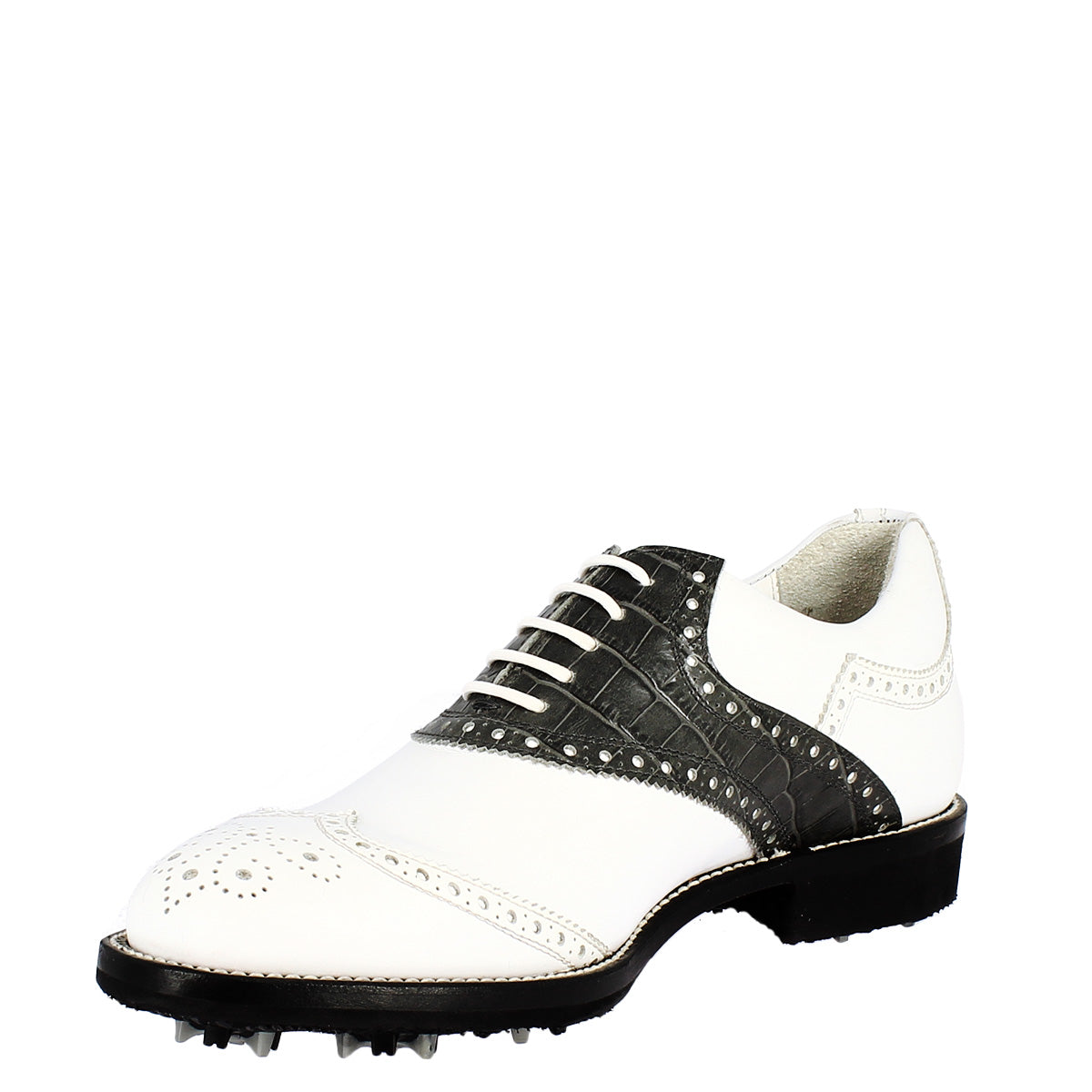 Chaussures de golf pour femmes fabriquées à la main en cuir pleine fleur noir et blanc