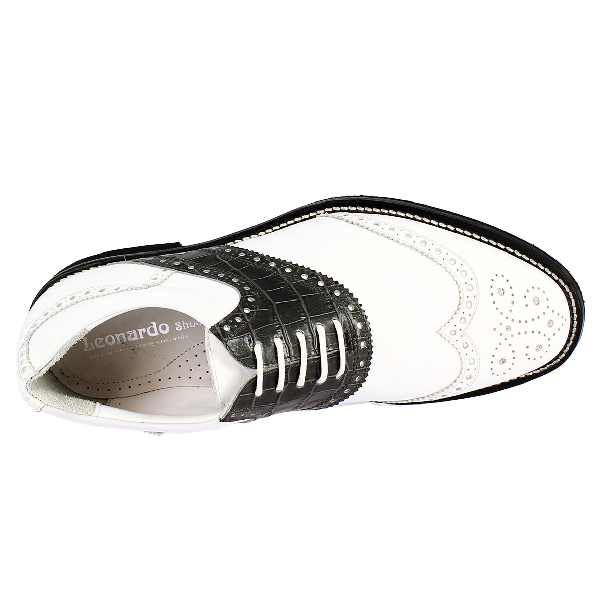Handgefertigte Herren-Golfschuhe aus schwarz-weißem Vollnarbenleder