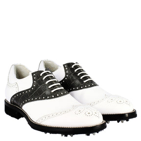 Scarpe golf uomo artigianali in pelle pieno fiore bianco nero