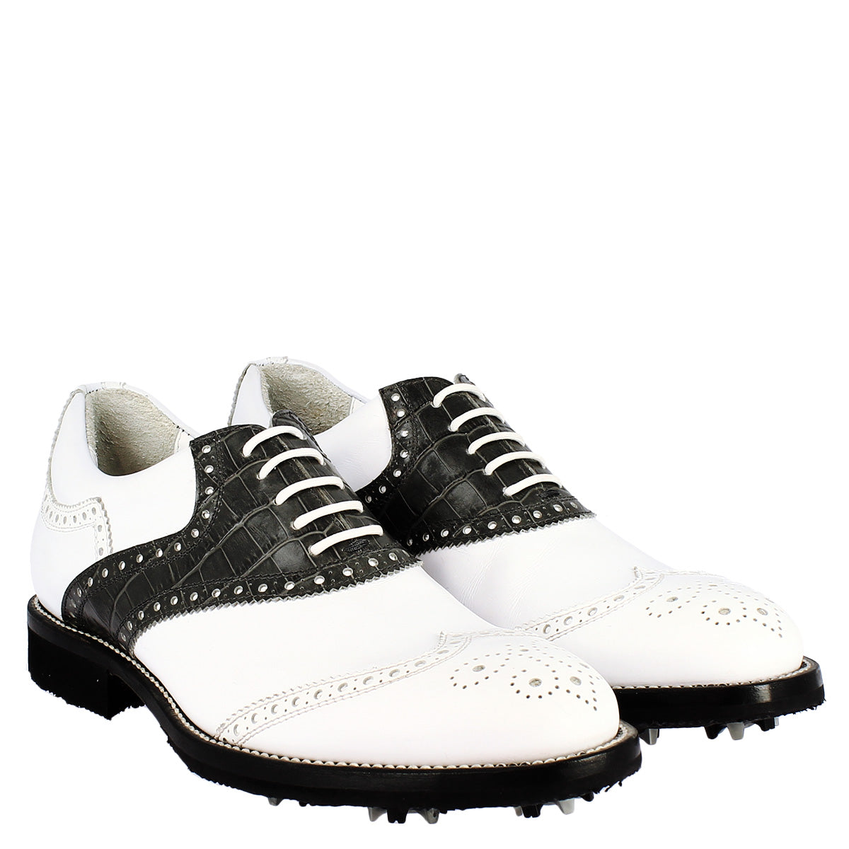Chaussures de golf pour femmes fabriquées à la main en cuir pleine fleur noir et blanc