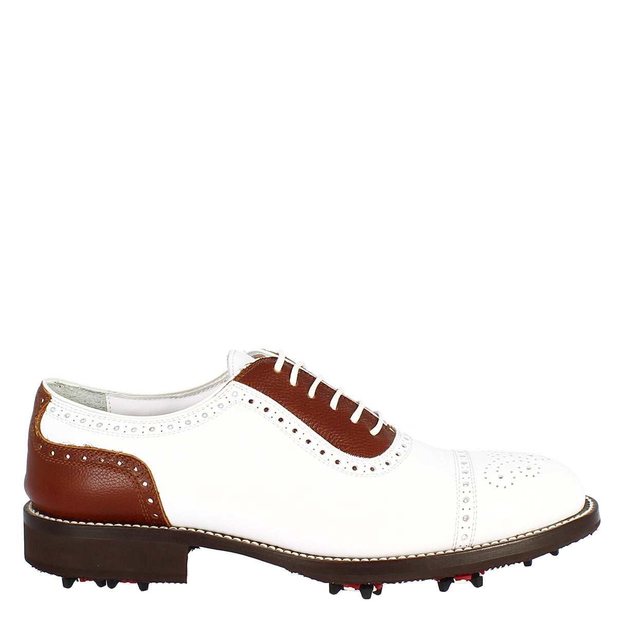 Classic handmade women's golf shoes in brown white calf leather