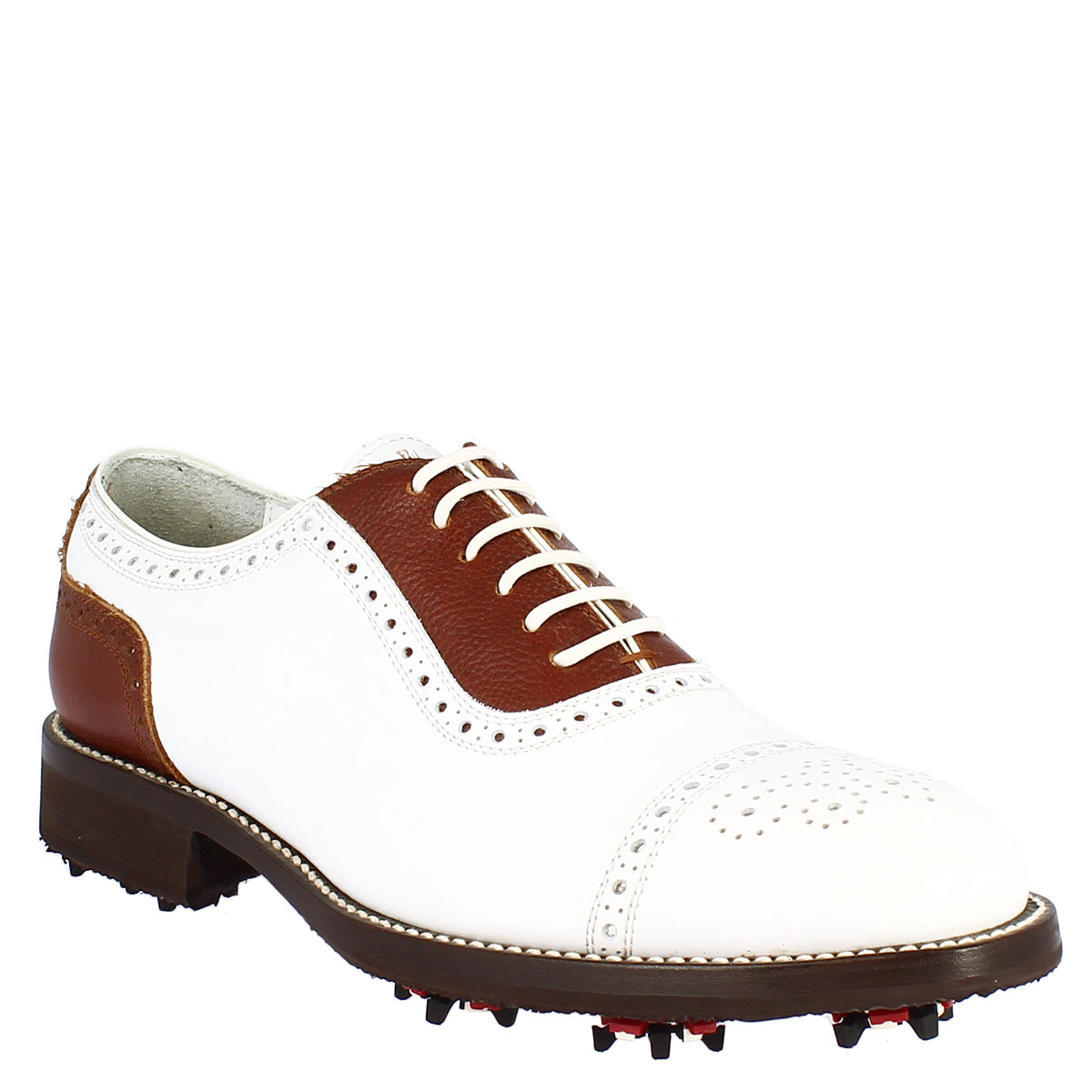 Handgefertigte klassische Damen-Golfschuhe aus weiß-braunem Leder