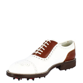 Handgefertigte klassische Damen-Golfschuhe aus weiß-braunem Leder