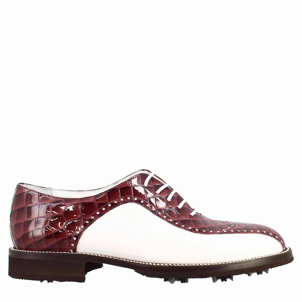 Handcrafted white and bordeaux coconut leather men's golf shoes