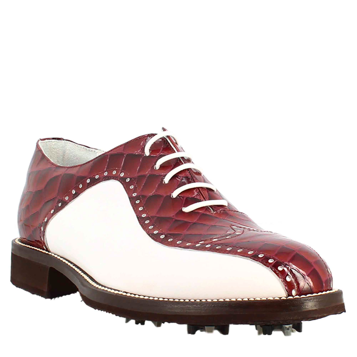 Handmade women's golf shoes in white crocodile and bordeaux full-grain leather