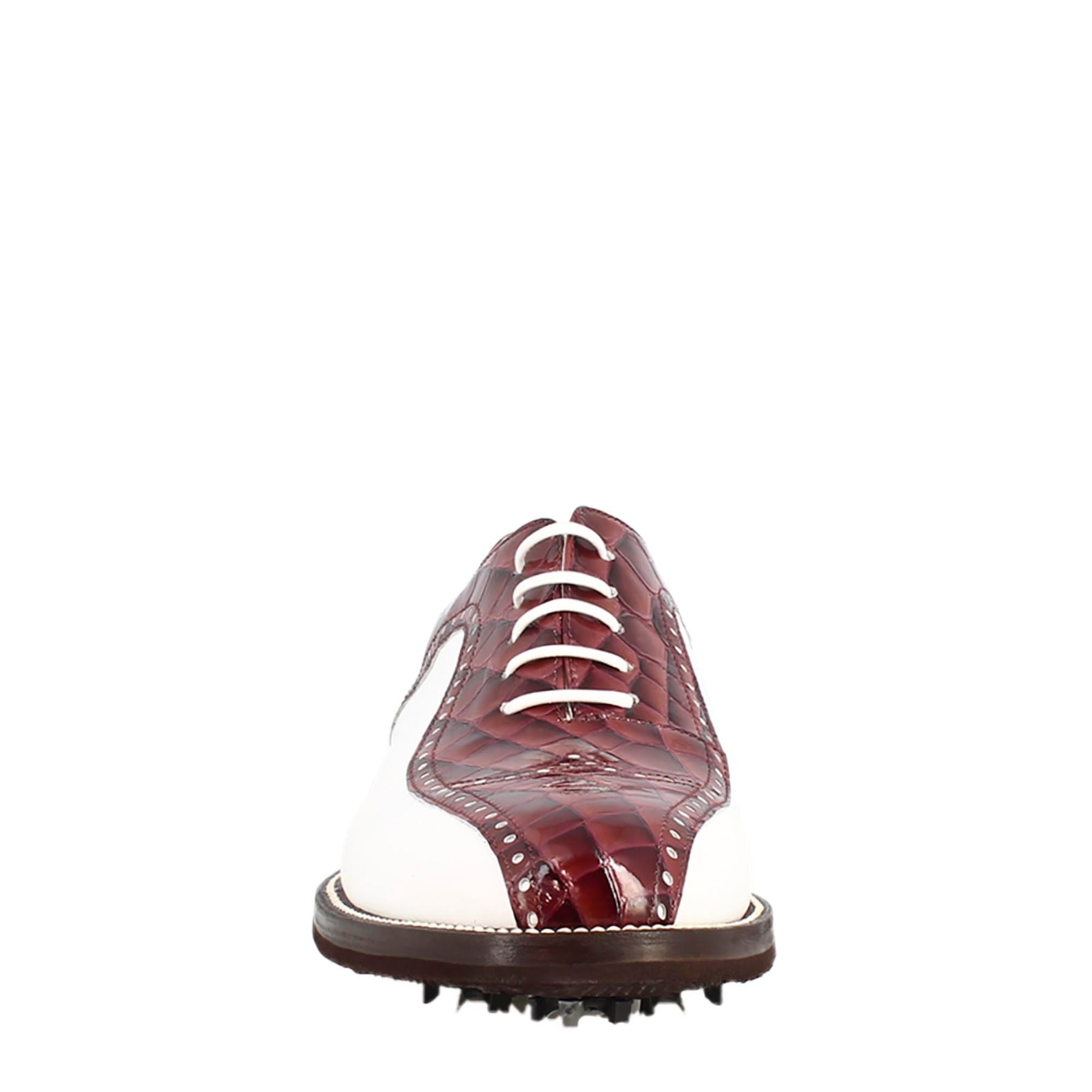 Handmade women's golf shoes in white crocodile and bordeaux full-grain leather