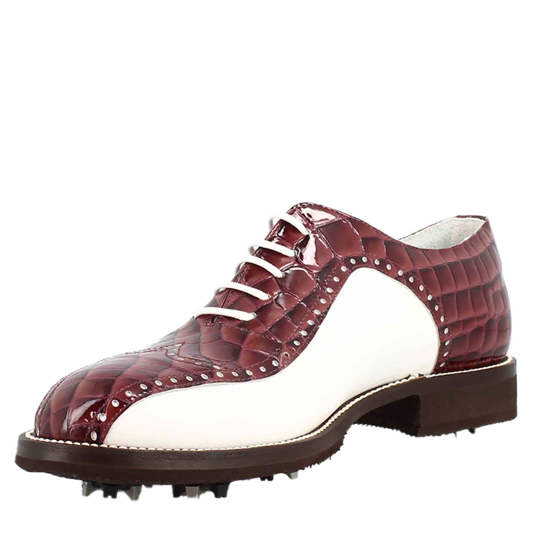 Chaussures de golf en cuir blanc et bordeaux fabriquées à la main