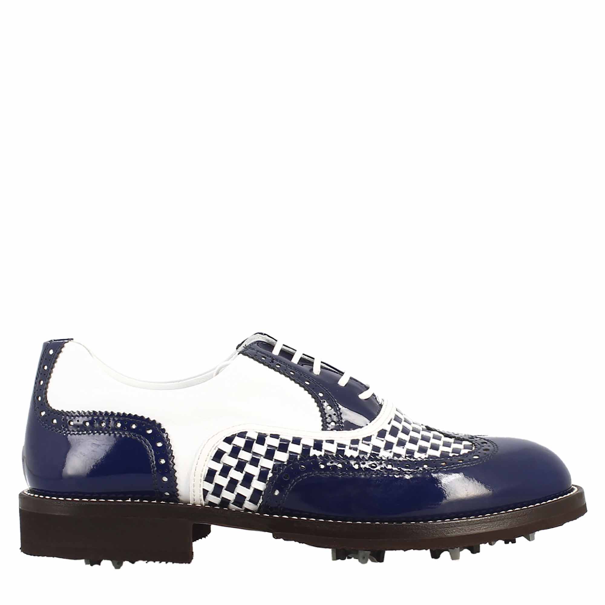 Scarpe da golf colore blu e bianco dettagli in pelle intrecciata - LeonardoShoes