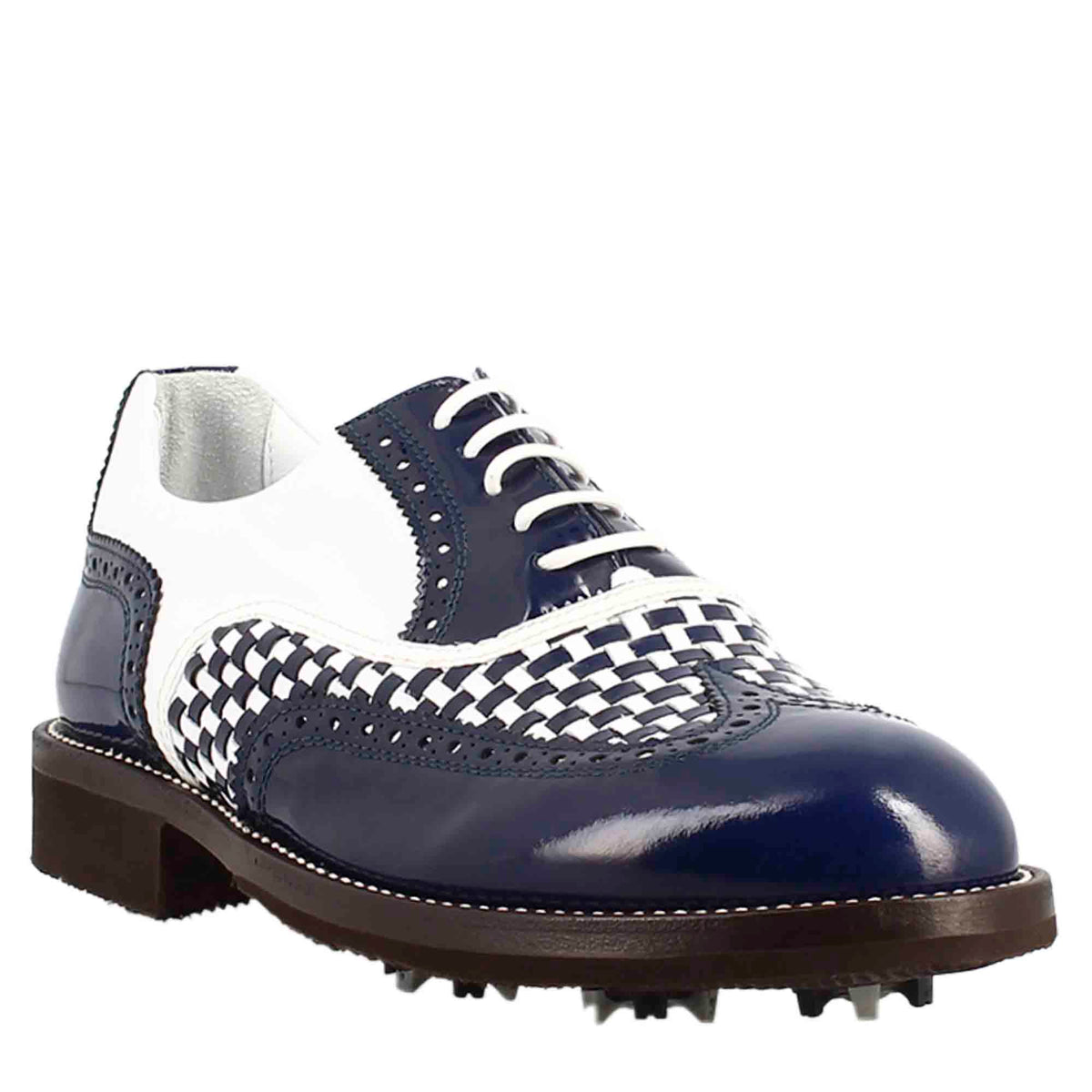 Chaussures de golf pour homme en cuir bleu et blanc avec détails de type brogue, fabriquées à la main