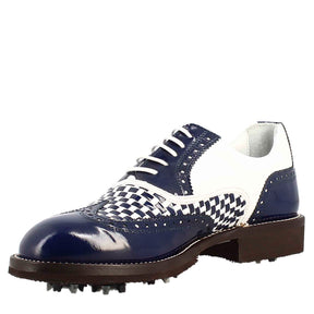 Scarpe da golf da uomo colore blu e bianco dettagli brogue artigianali in pelle