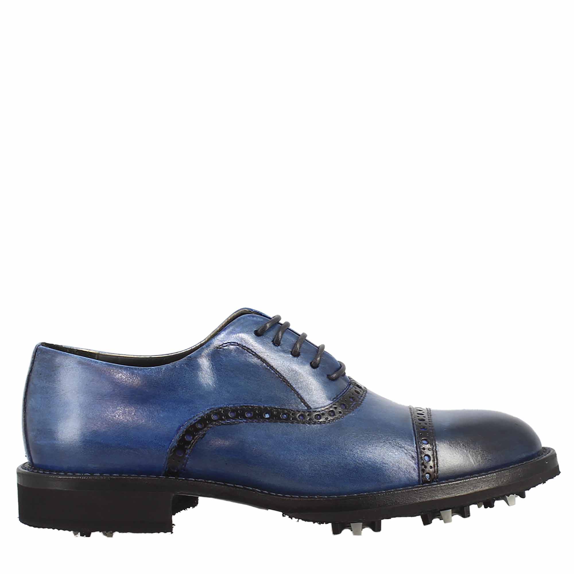 Scarpe da golf artigianali in pelle colore blu tinta a mano - LeonardoShoes