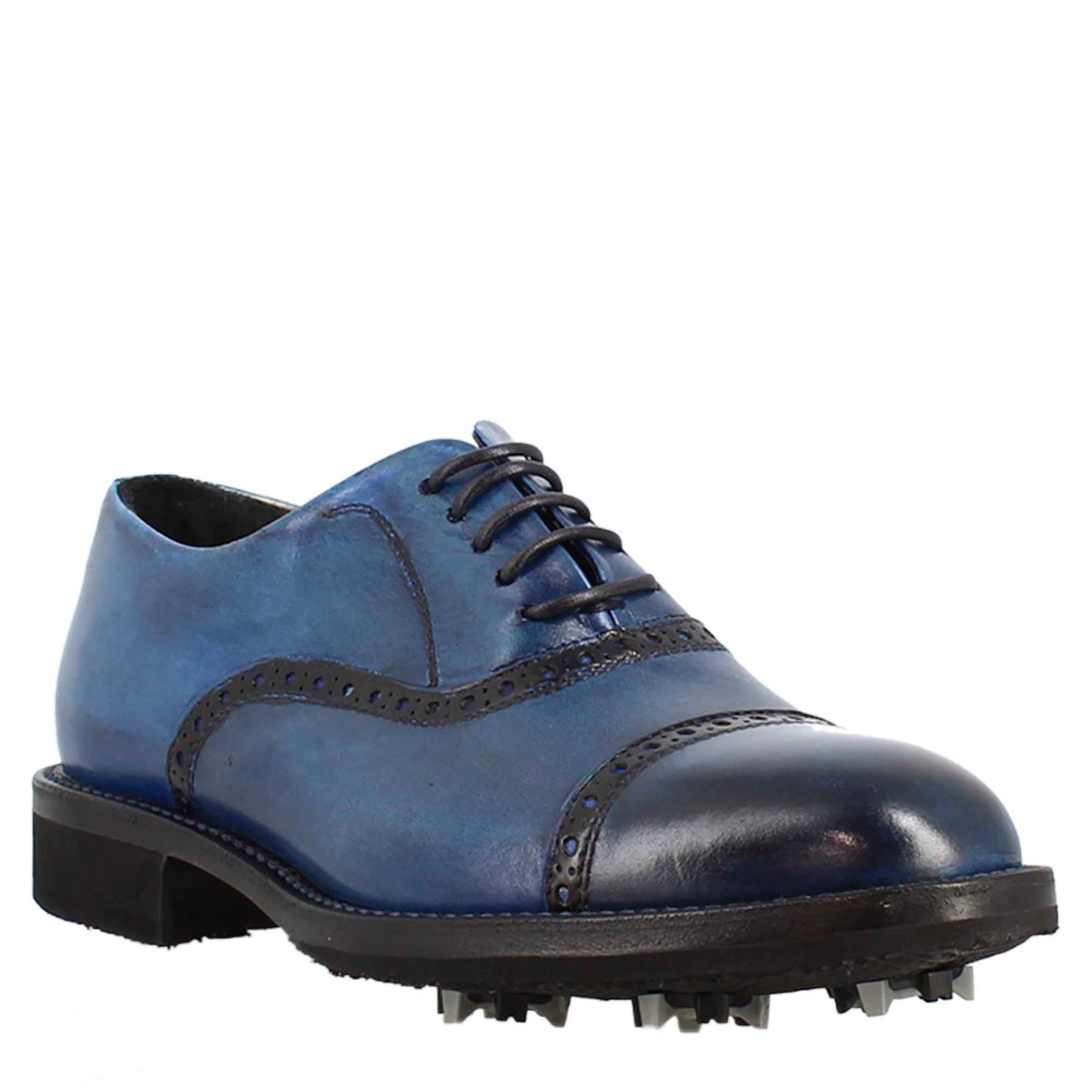 Damen-Golfschuhe aus blauem Leder mit handgefertigten Brogue-Details