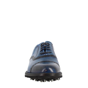Chaussures de golf pour homme en cuir bleu avec des détails de brogue faits à la main