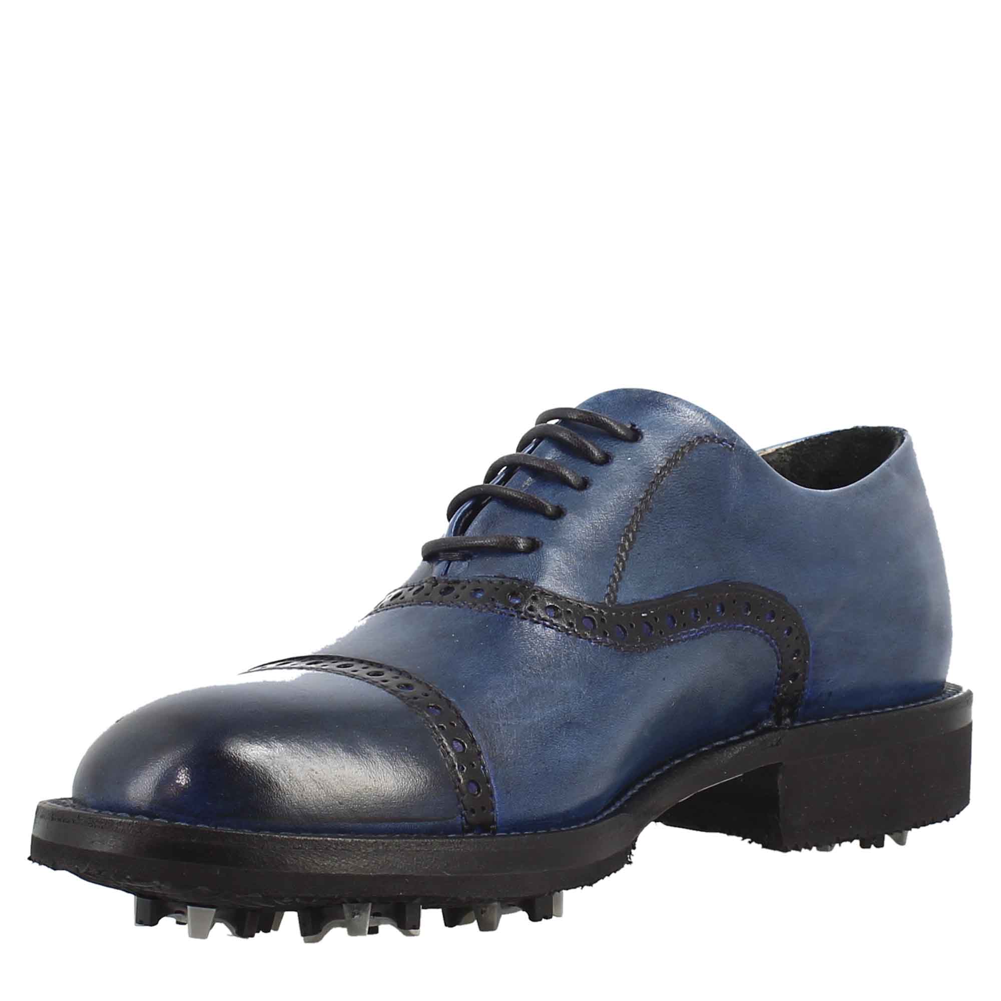 Chaussures de golf pour femme faites à la main en cuir pleine fleur bleu crocodile blanc