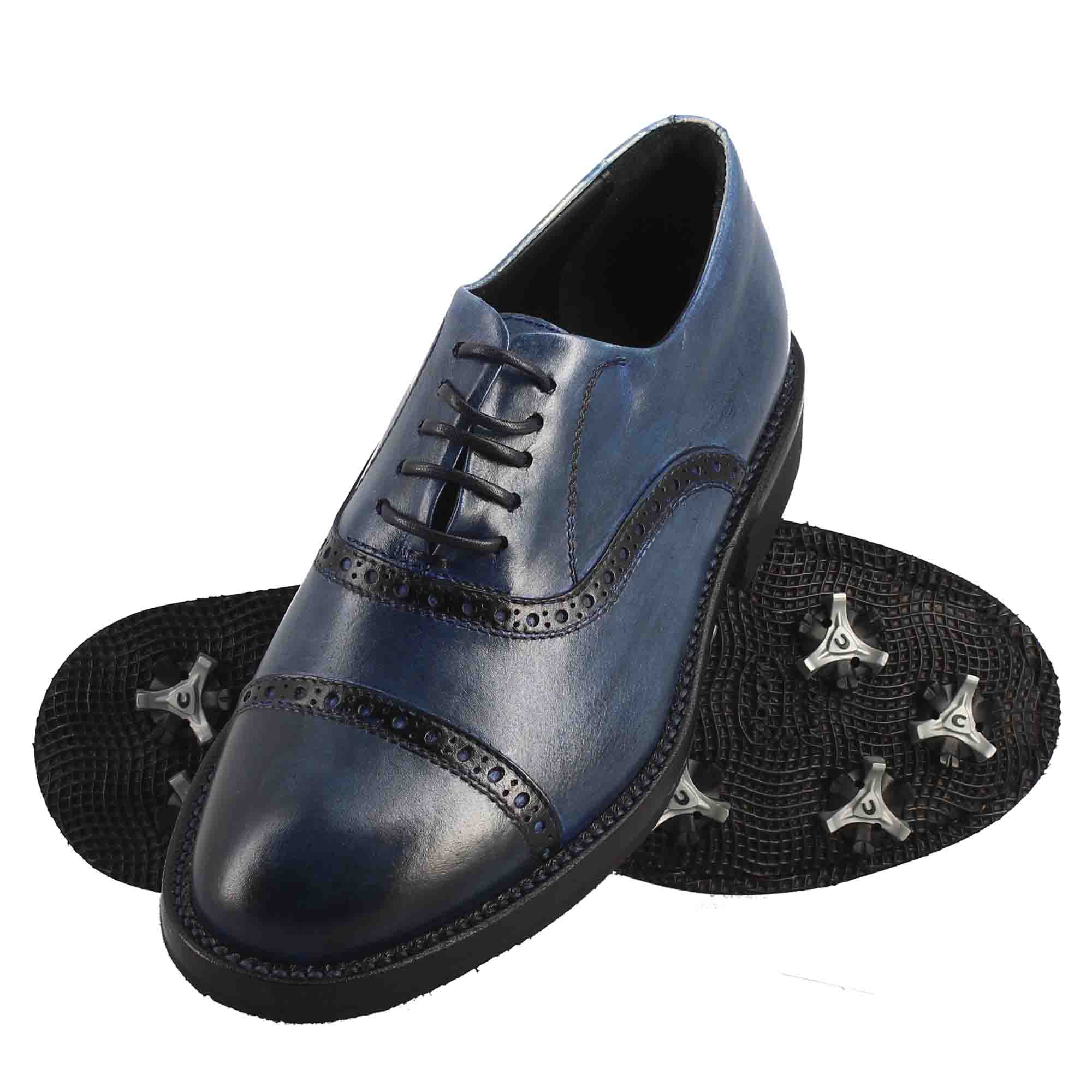 Chaussures de golf pour femme faites à la main en cuir pleine fleur bleu crocodile blanc