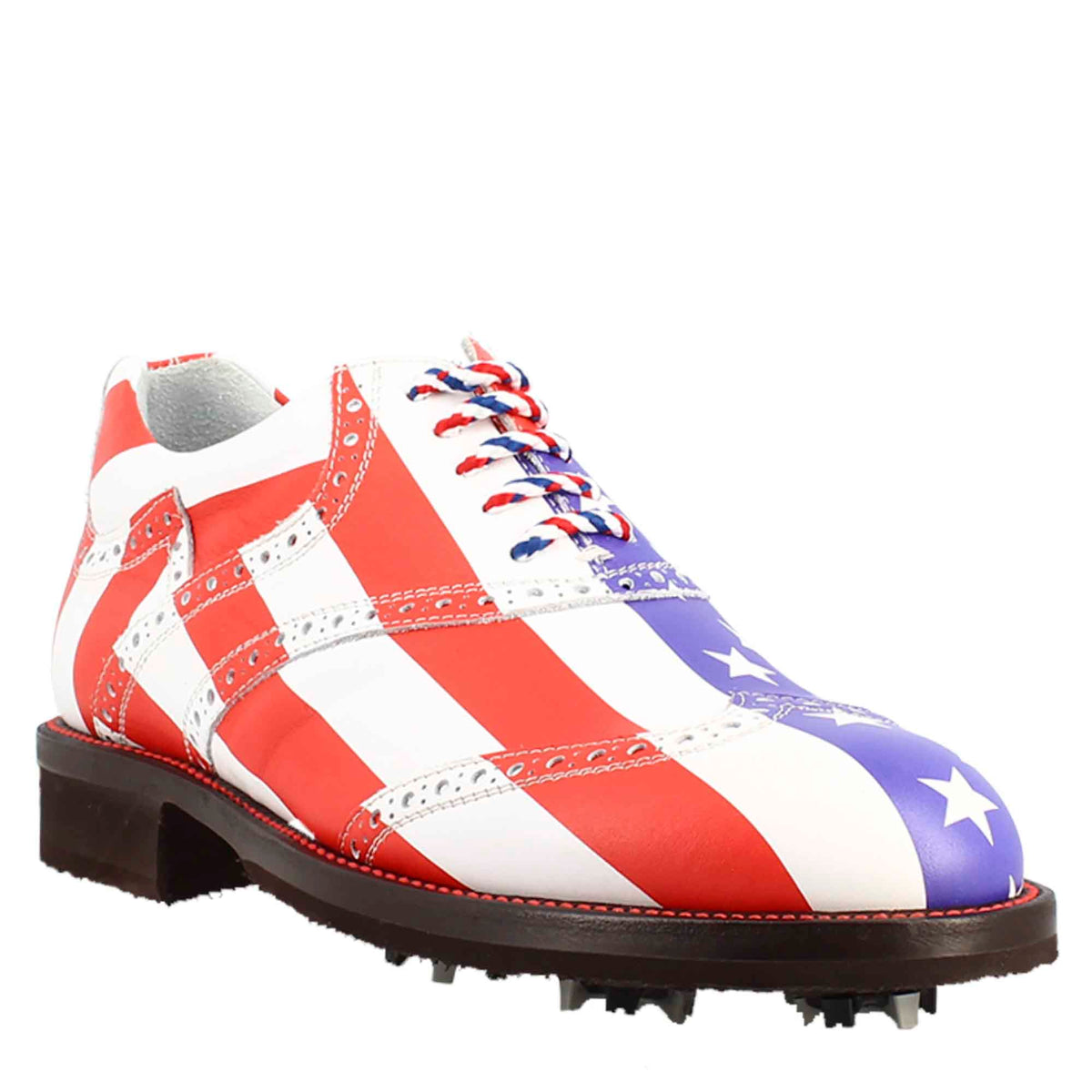 Women's blue red and white brogue details handcrafted leather golf shoes