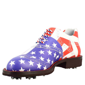Men's blue red and white leather handcrafted brogue details