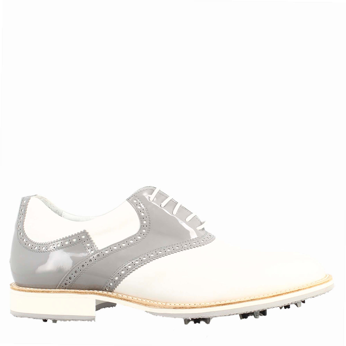 Women's golf shoes in white and grey leather handcrafted brogue details