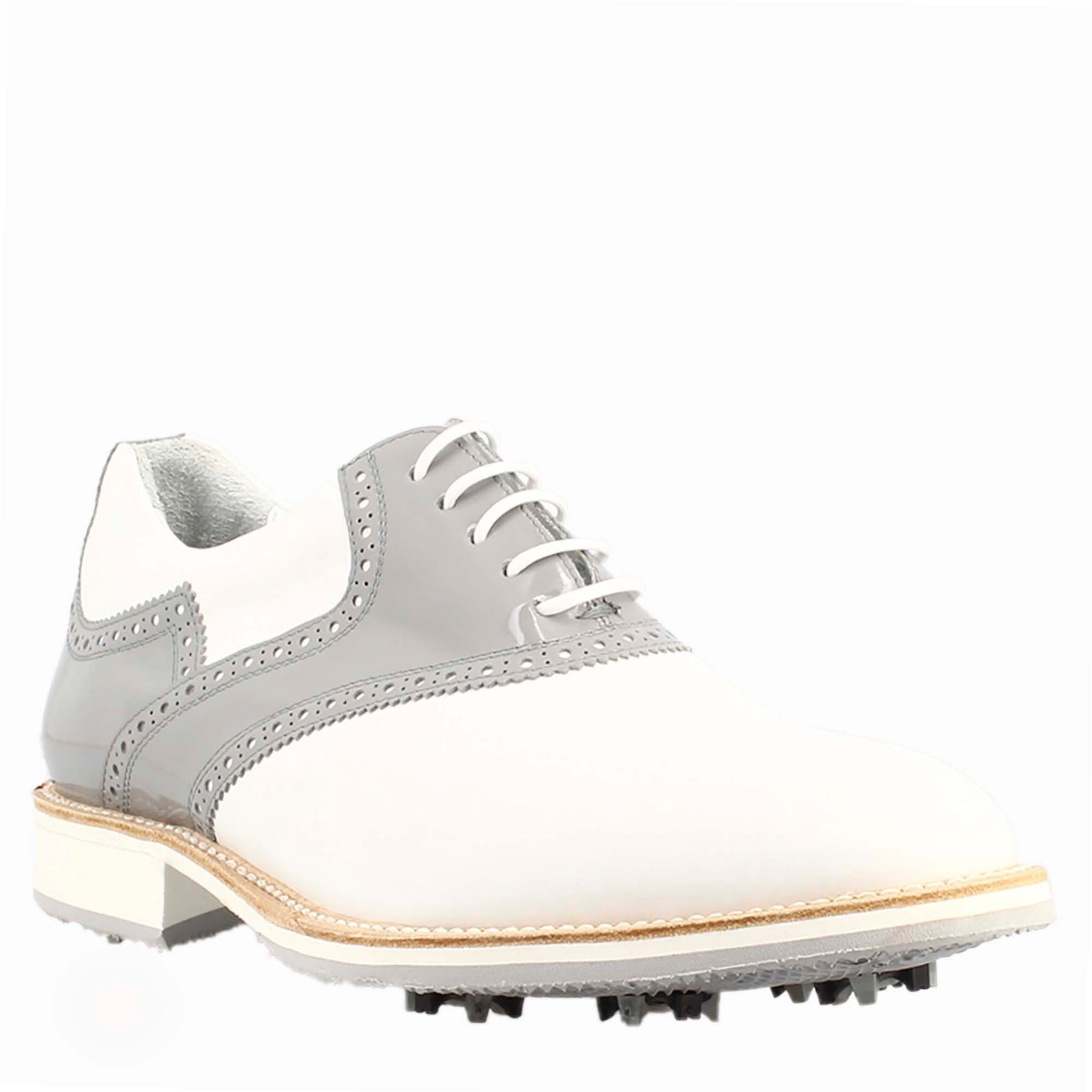 Women's golf shoes in white and grey leather handcrafted brogue details