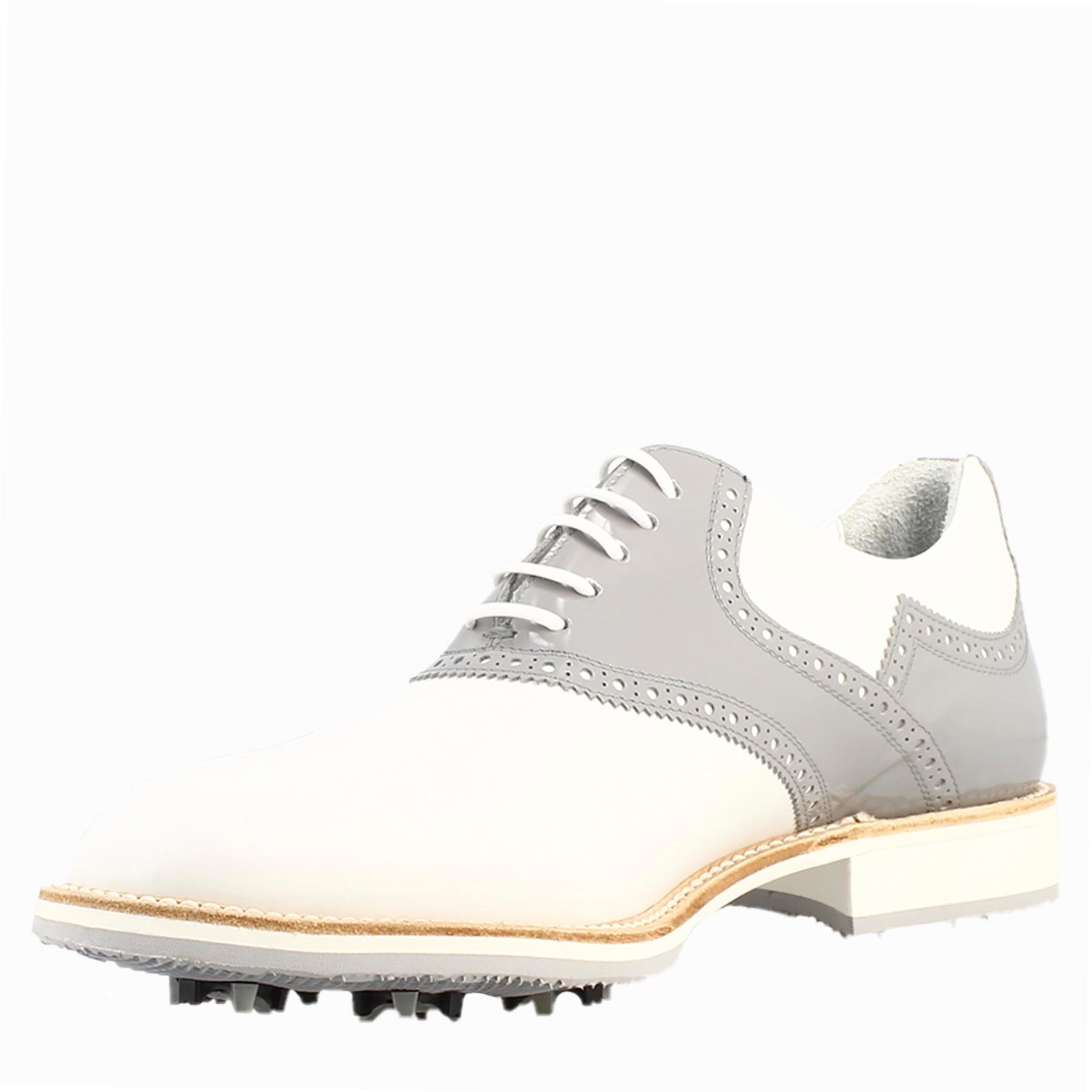 Scarpe da golf da uomo colore bianco e grigio dettagli brogue artigianali in pelle