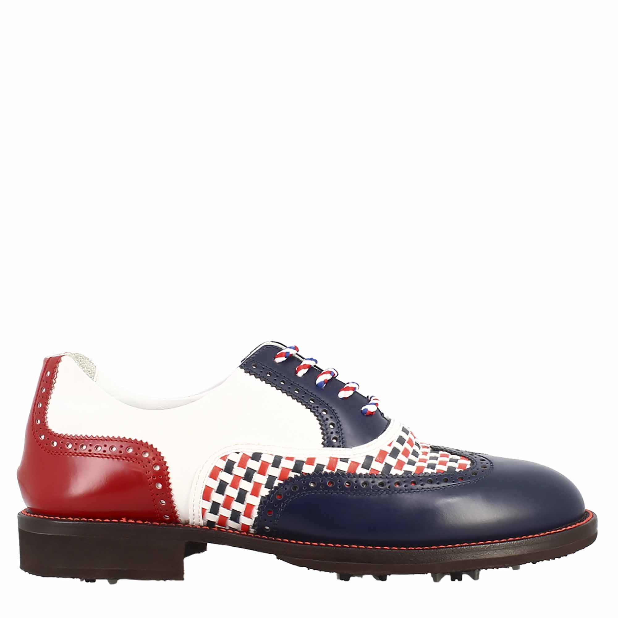 Scarpe da golf colore blu e rosso dettagli brogue artigianali in pelle - LeonardoShoes