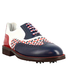 Scarpe da golf da uomo colore blu e rosso dettagli brogue artigianali in pelle