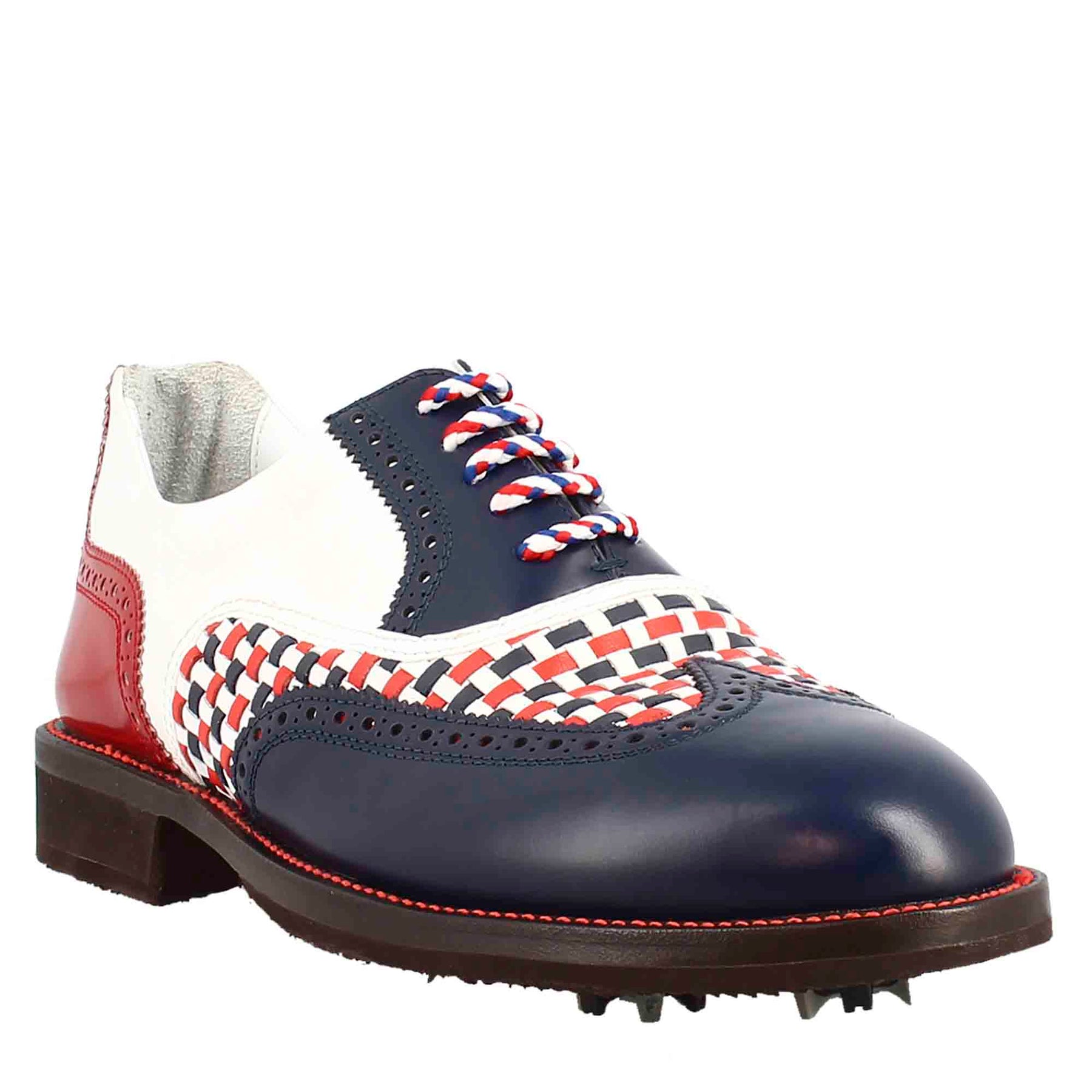 Chaussures de golf pour femme faites à la main en cuir pleine fleur bleu crocodile blanc