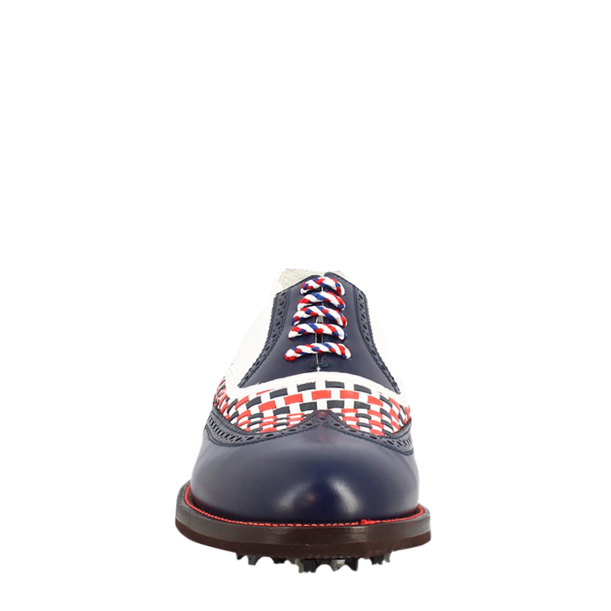 Handmade women's golf shoes in white crocodile blue full-grain leather