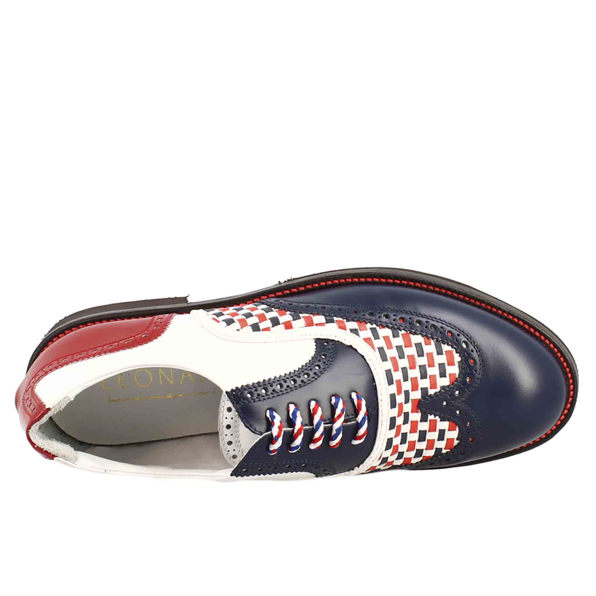 Handmade women's golf shoes in white crocodile blue full-grain leather