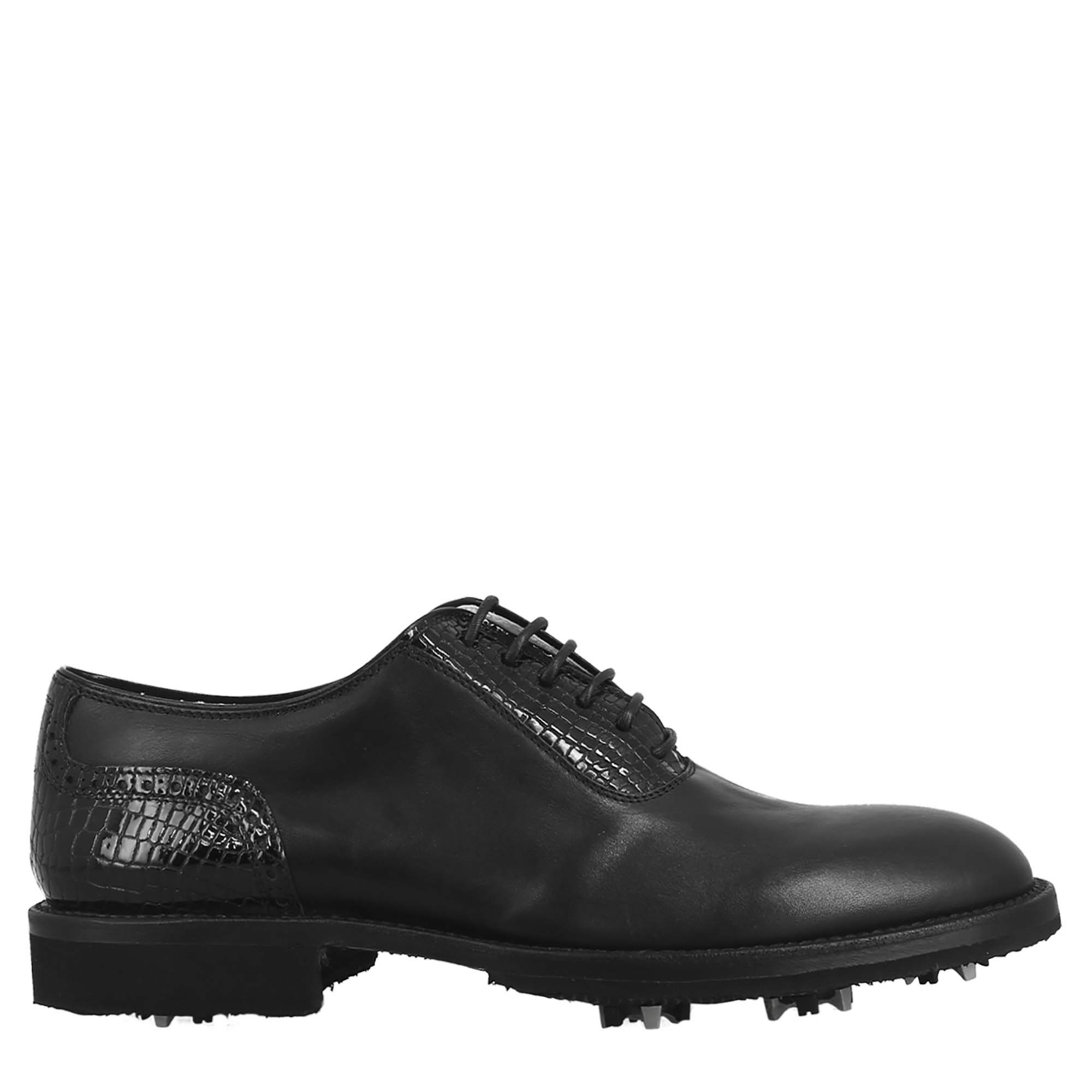 Scarpe da golf artigianali in pelle colore nero punta liscia - LeonardoShoes