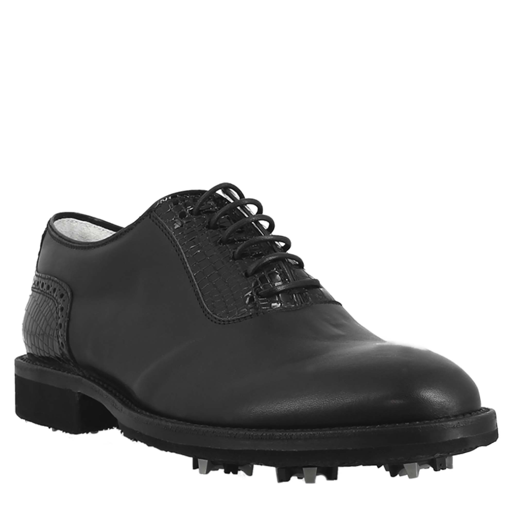 Scarpe da golf artigianali in pelle colore nero punta liscia - LeonardoShoes