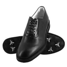 Women's golf shoes black leather handcrafted brogue details