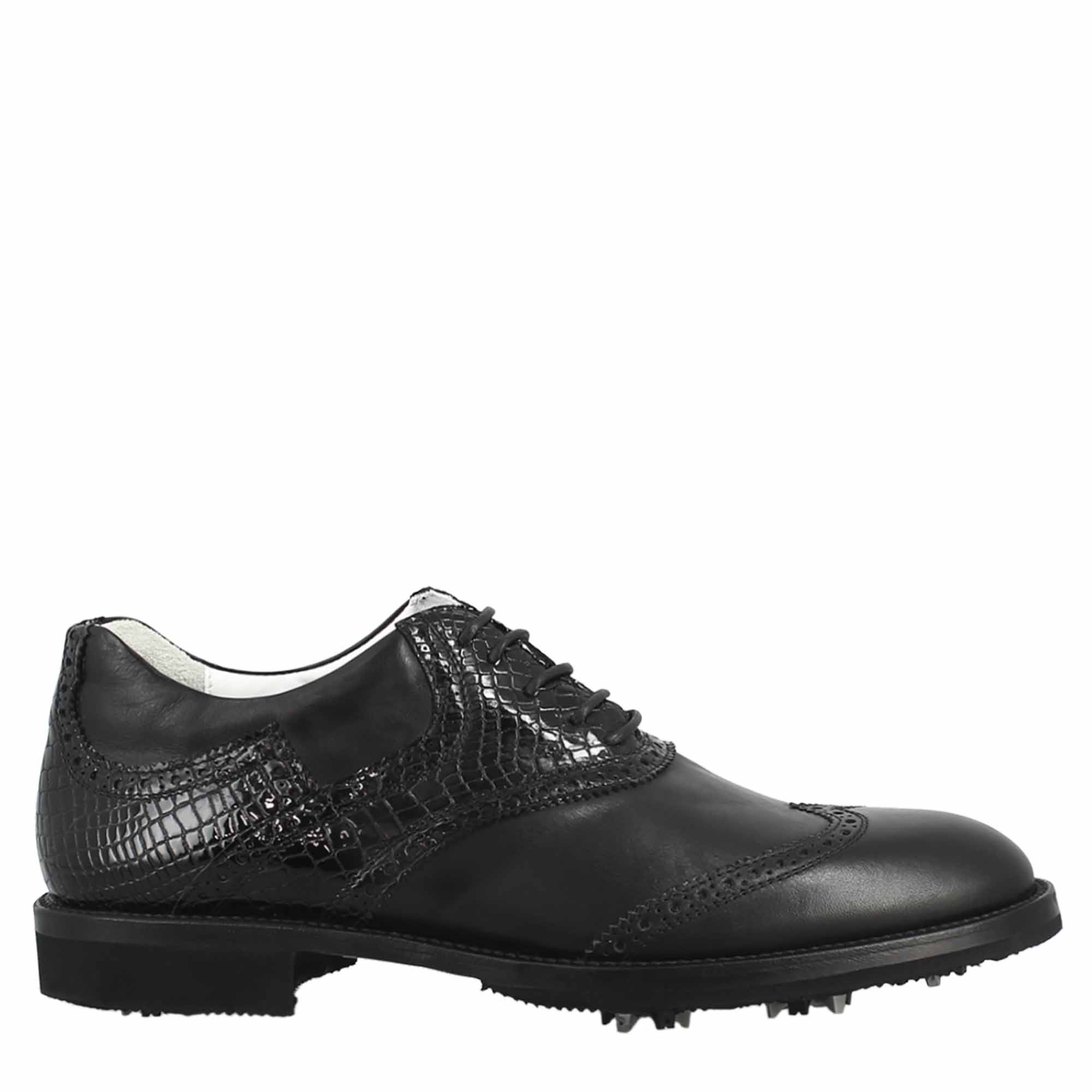 Scarpe da golf artigianali in pelle colore nero dettagli cocco - LeonardoShoes