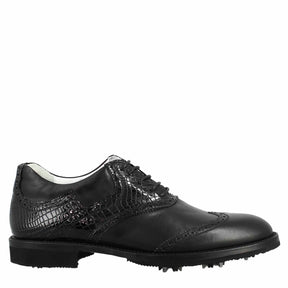 Chaussures de golf pour femmes en cuir de coco noir, avec des détails de brogue faits à la main