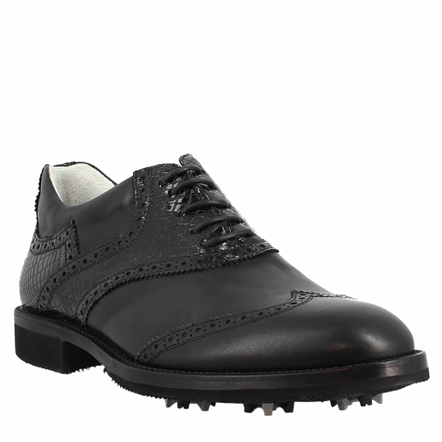 Chaussures de golf pour homme en cuir de coco noir, avec des détails de brogue faits à la main