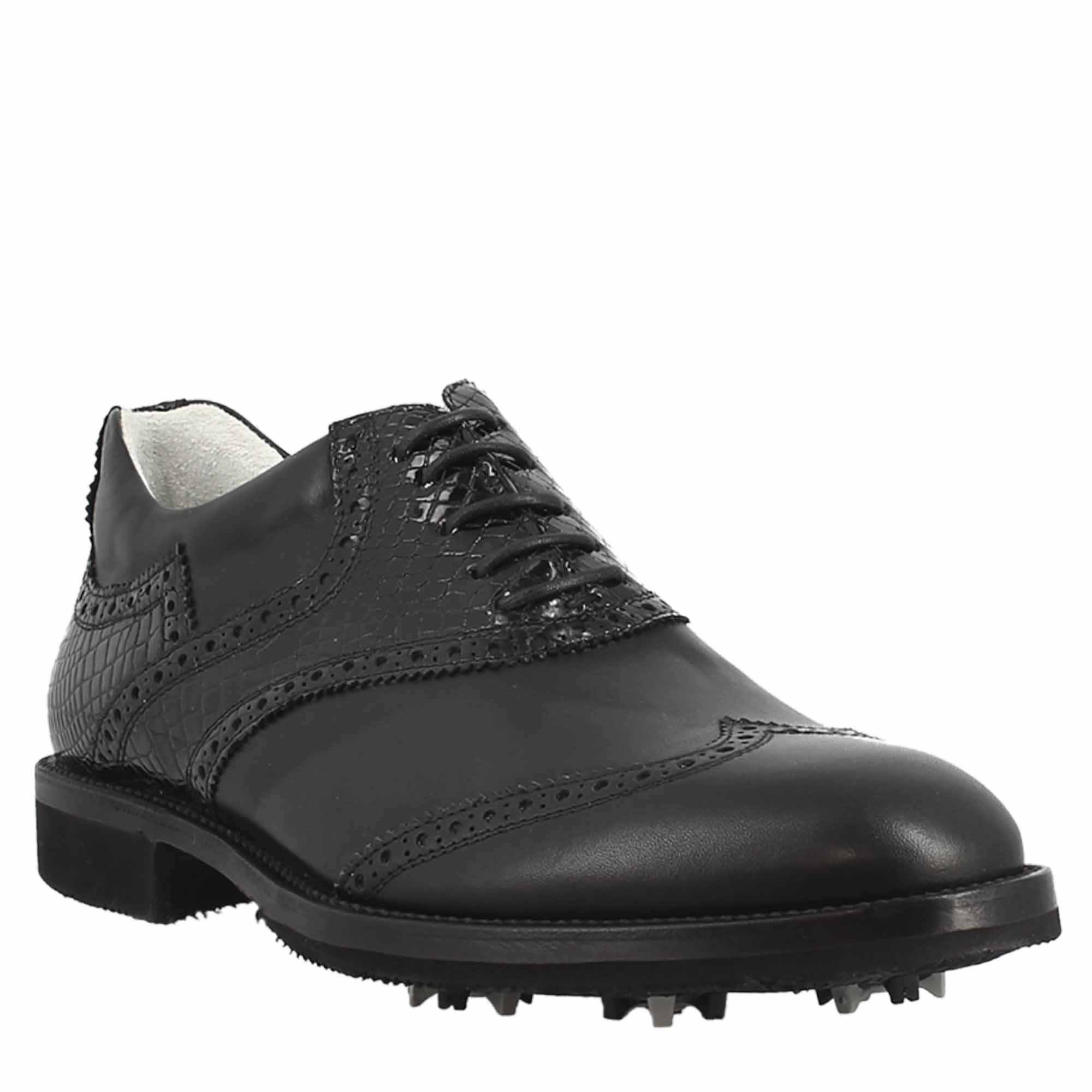 Scarpe da golf artigianali in pelle colore nero dettagli cocco - LeonardoShoes