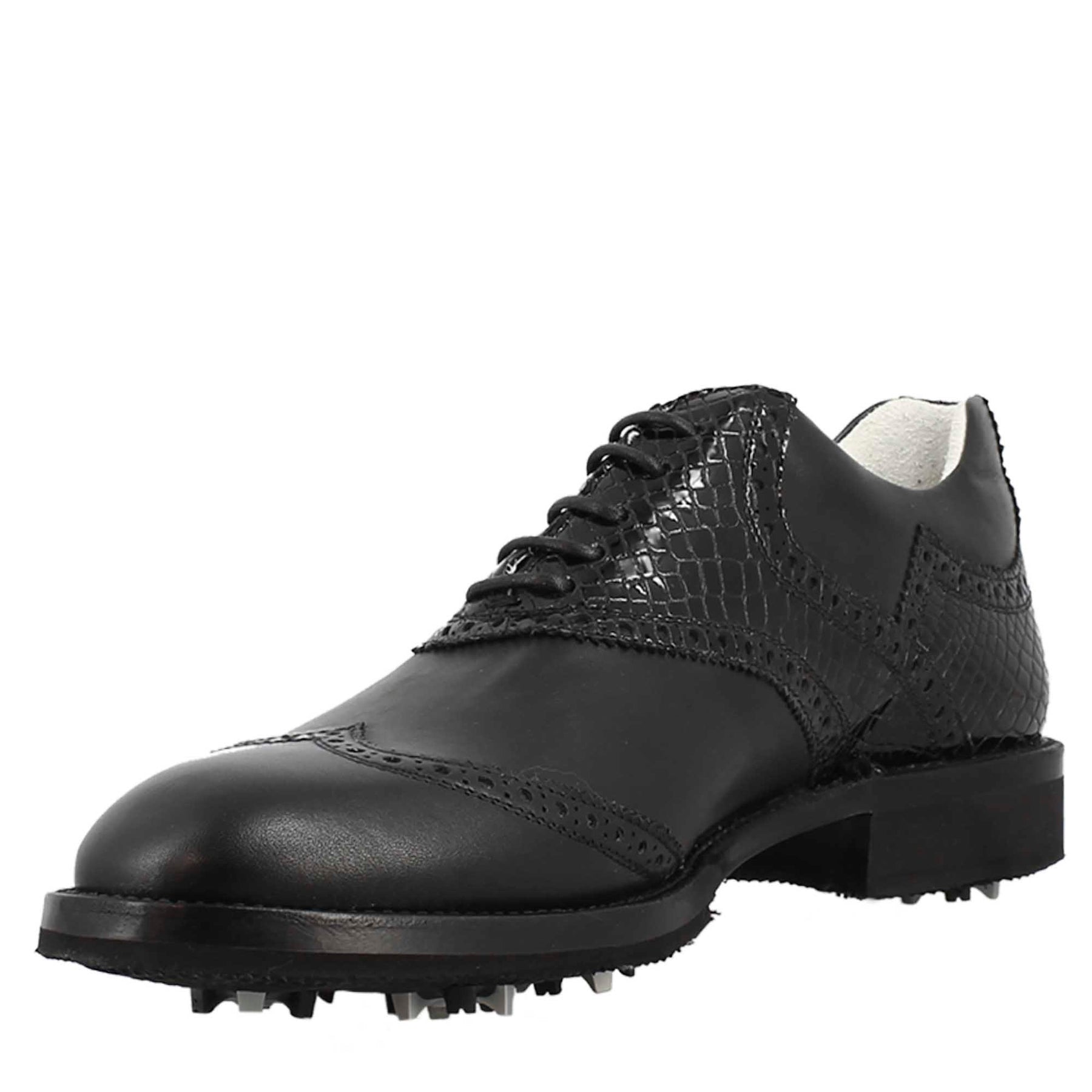 Men's golf shoes black coconut leather handcrafted brogue details