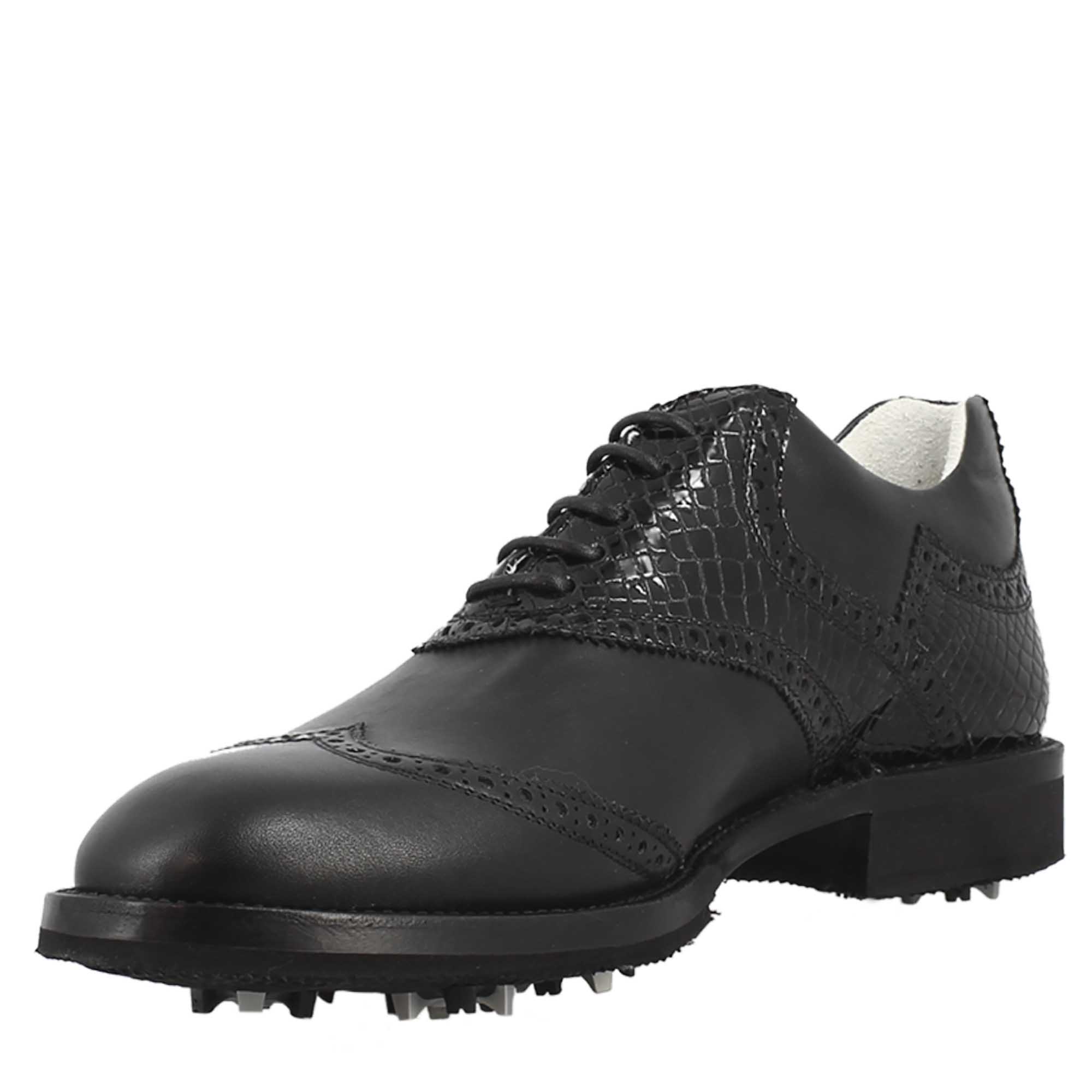 Chaussures de golf pour femmes en cuir de coco noir, avec des détails de brogue faits à la main
