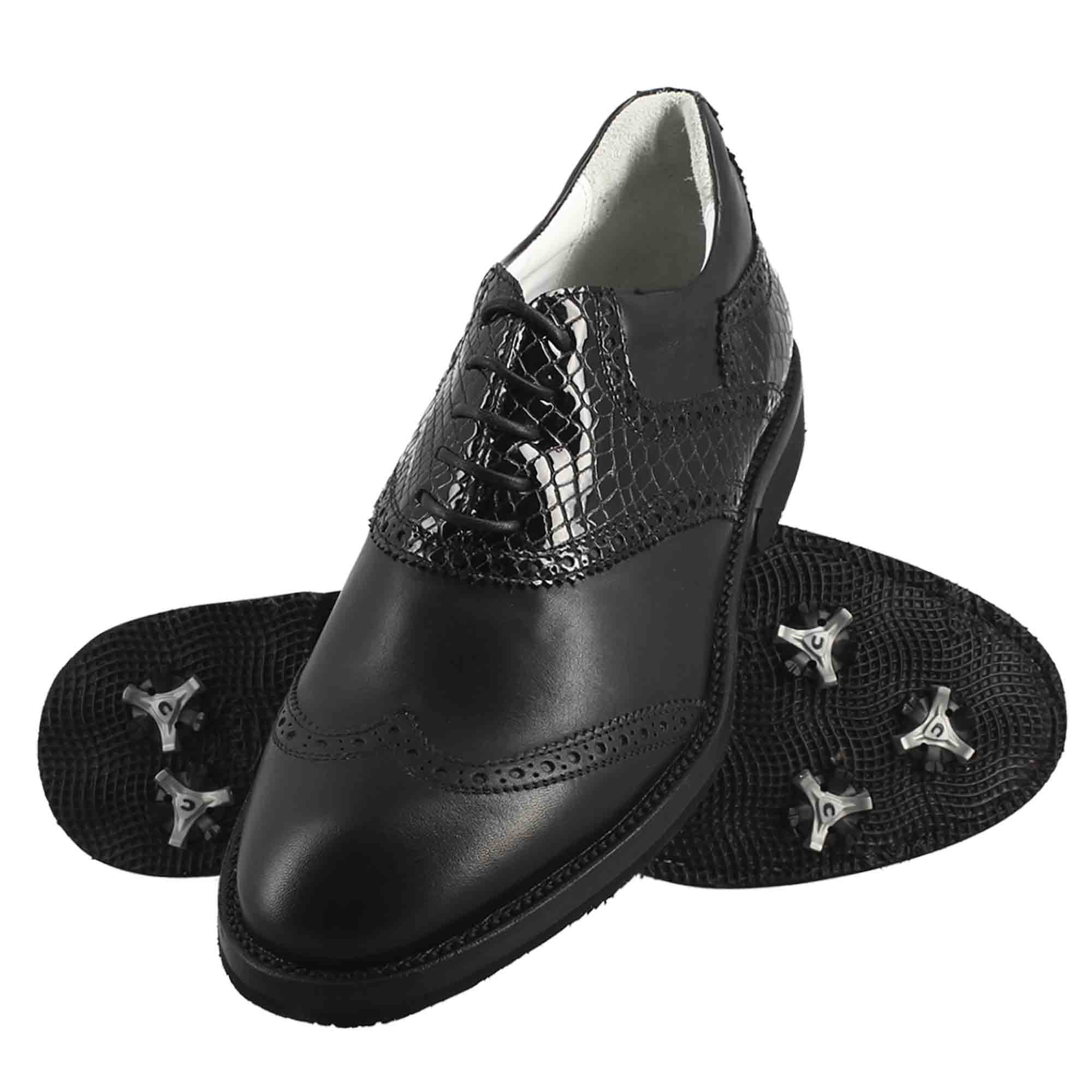 Chaussures de golf pour femmes en cuir de coco noir, avec des détails de brogue faits à la main