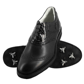 Women's golf shoes black coconut leather handcrafted brogue details