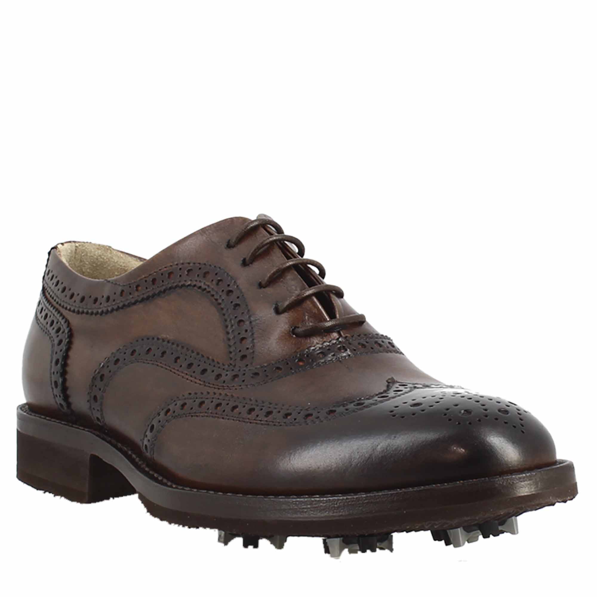 Scarpe da golf artigianali in pelle marrone con dettagli brogue - LeonardoShoes