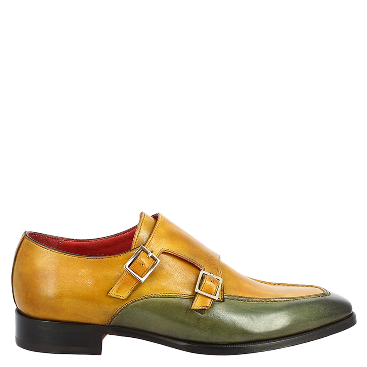 Handmade men's shoes with double buckle in faded green leather
