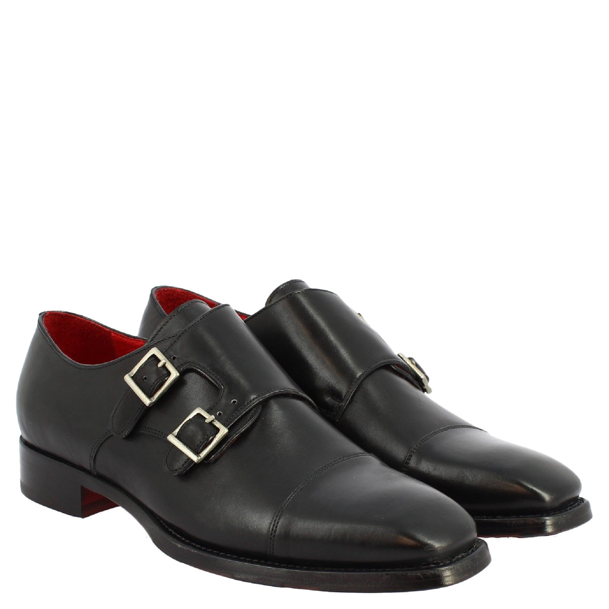 Chaussures habillées à double boucle en cuir de veau noir faites à la main pour hommes