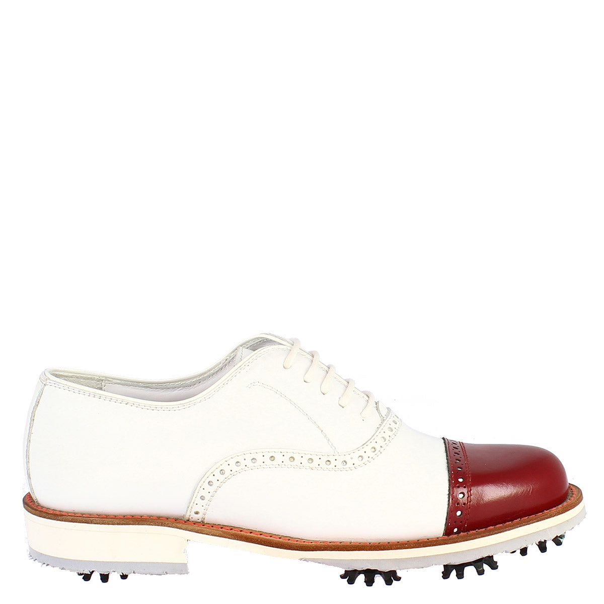 Handgefertigte Damen-Golfschuhe aus weißem Leder mit roter Zehenkappe