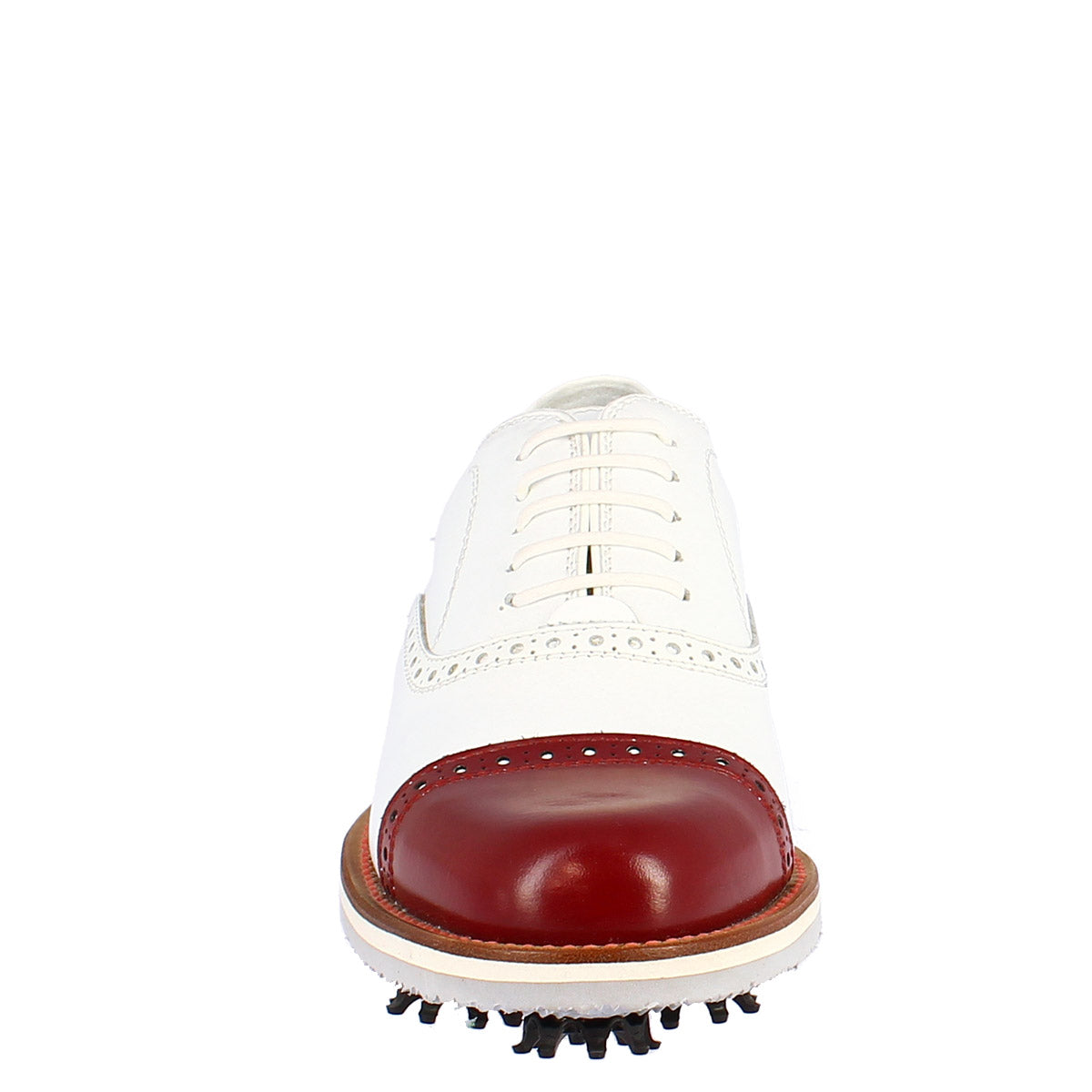 Handcrafted women's golf shoes in white leather with red toe cap