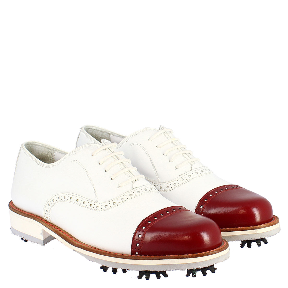 Handcrafted women's golf shoes in white leather with red toe cap