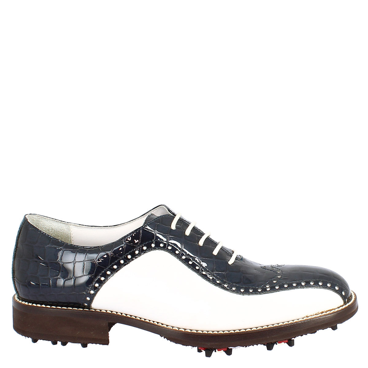 Scarpe golf donna artigianali in pelle pieno fiore bianco cocco blu