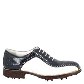Handmade men's golf shoes in white crocodile blue full grain leather