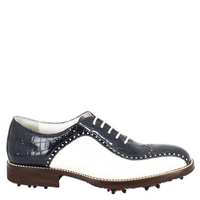 Handmade men's golf shoes in white crocodile blue full grain leather