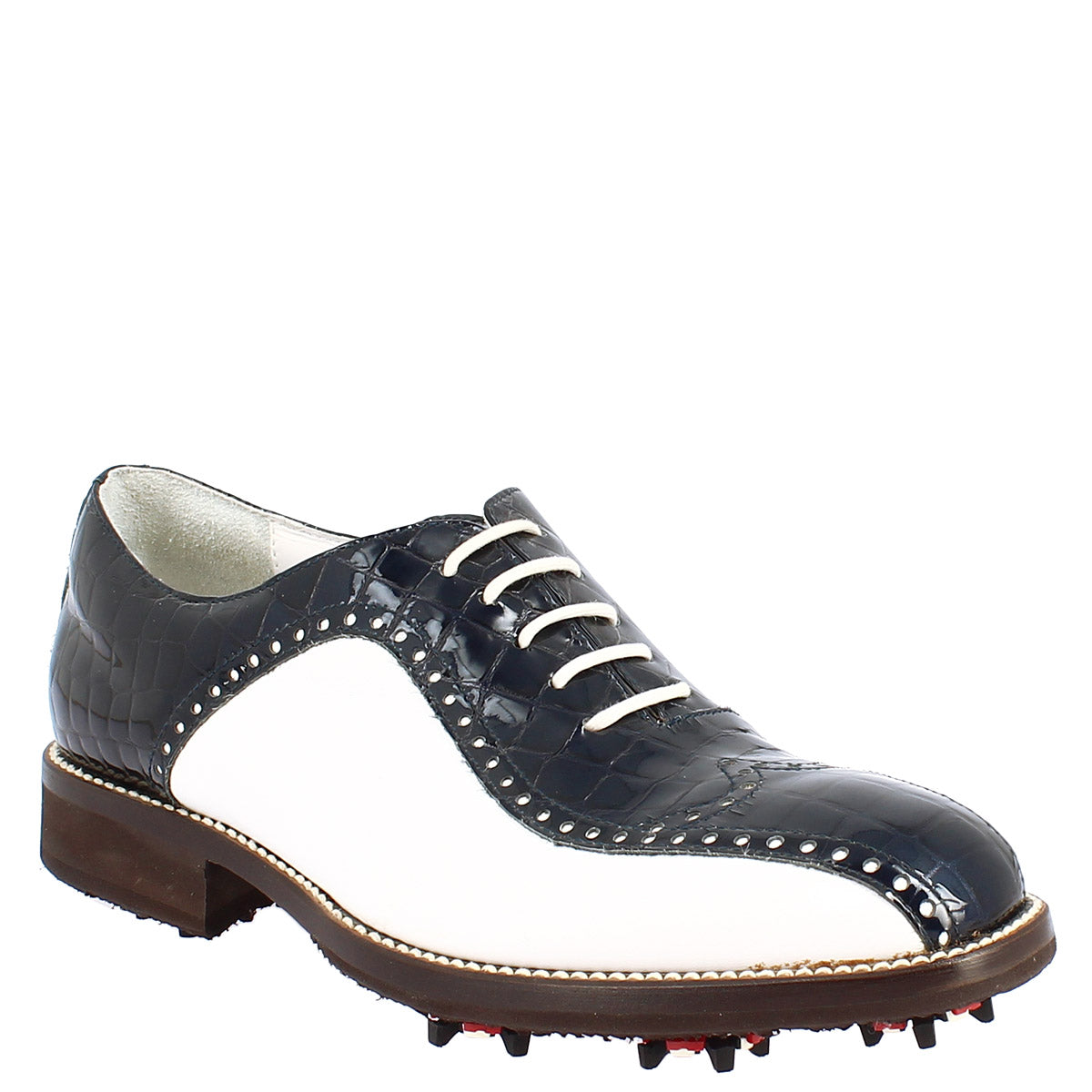 Scarpe golf donna artigianali in pelle pieno fiore bianco cocco blu